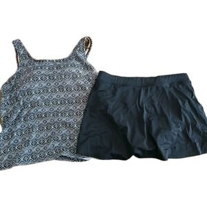 LL Bean Women's Swim Skirt Tankini Swimsuit Black print Size 14 REG UPF 50+